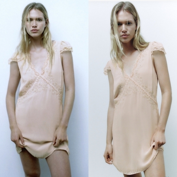 New Zara Limited Edition Embroidered Beaded Lace Blush Slip Mini Dress NWT Large - Picture 4 of 16